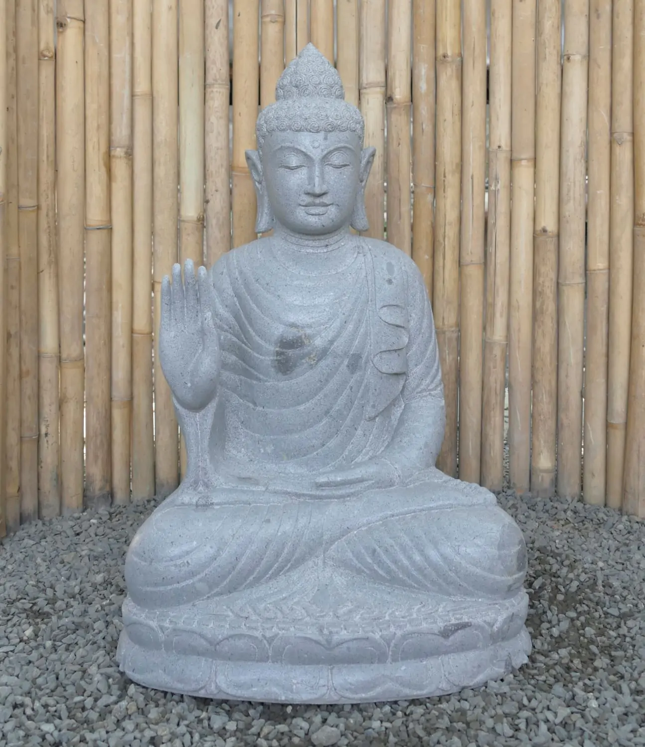  Product image 1 of the product “Seated Buddha made of Riverstone in Abhaya Position - gesture of fearlessness, H. 83cm. ”